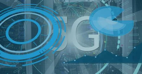 Image of 5g text, scopes scanning and data processing over servers Foto stock