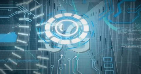 Image of 5g text, scopes scanning and data processing over servers Stockfoto's