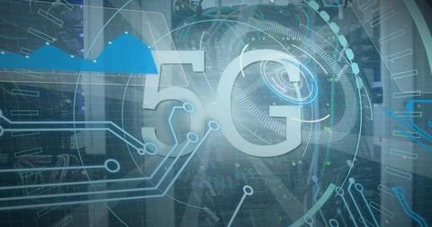 Image of 5g text, scopes scanning and data processing over server Stockfoto's