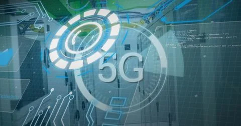 Image of 5g text, scopes scanning and data processing over servers Stockfoto's