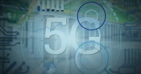 Image of 5g text, scopes scanning and data processing over servers 스톡 사진