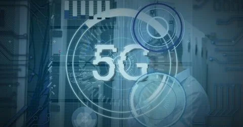 Image of 5g text, scopes scanning, data processing over caucasian male it Stockfoto's