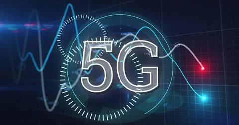 Image of 5g text with scopes spinning over lines financial data processing Stock Illustration