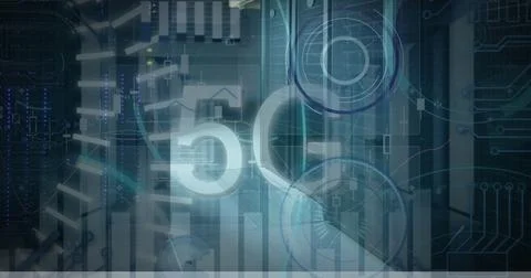 Image of 5g text, statistics and data processing over computer servers in Foto stock
