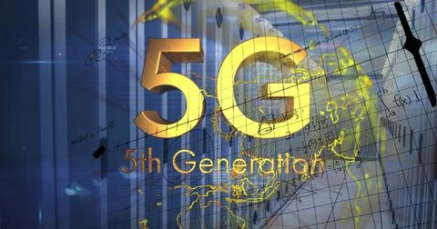 Image of 5g text, yellow globe and maths calculations over computer server ro Foto stock