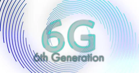 Image of 6g, 6th generation text over blue spiral lines processing on white Stock Illustration