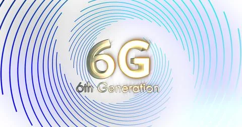 Image of 6g, 6th generation text in gold over blue spiral lines processing on Stock Illustration