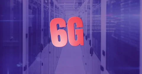 Image of 6g and data over violet server room Stock Photos