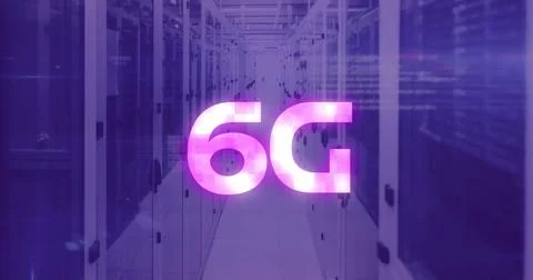 Image of 6g and data over violet server room Stock Photos