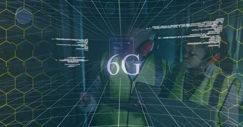 Image of 6g generation text and data processing over dark background Stock Photos