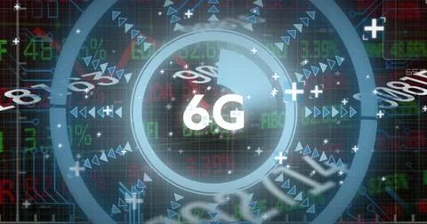 Image of 6g, numbers, processing circle and financial data on digital screen Foto stock