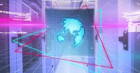 Image of 6g over neon triangular shapes and data processing against compute.. Foto stock
