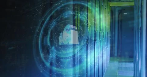 Image of 6g symbol on rotating safe lock over network of connections and server Illustrazione stock