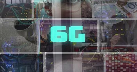 Image of 6g text and computer server cables over colourful clips playing on Stock Photos