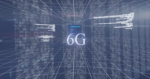 Image of 6g text and data processing on blue background Illustrazione stock
