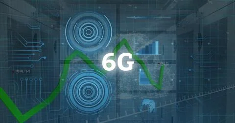 Image of 6G text and data processing over dark background Stock Illustration