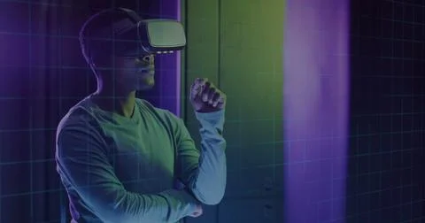 Image of 6g text and data over african american male it engineer in vr goggles Stock Photos
