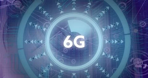 Image of 6g text and data processing over computer servers Stock Photos