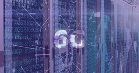 Image of 6g text and data processing over computer servers Stock Photos