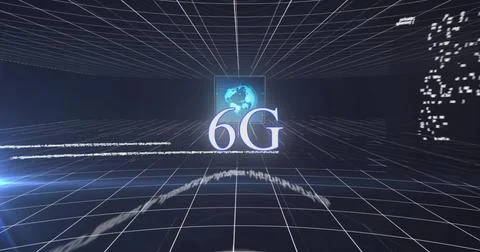 Image of 6g text and data processing over dark background 스톡 사진