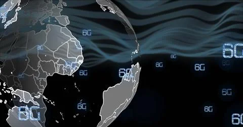 Image of 6g text and data processing over globe 스톡 사진