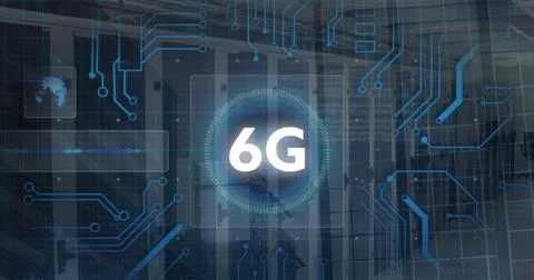 Image of 6g text and data processing over circuit board and computer servers 스톡 사진