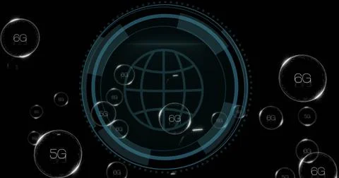 Image of 6g text and digital data processing over globe on black background Illustrazione stock