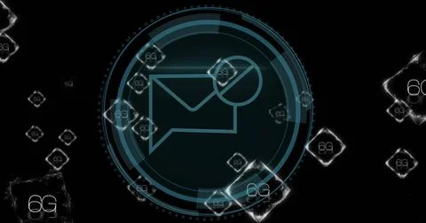 Image of 6g text and digital data processing over email icon and scope scanning 스톡 일러스트
