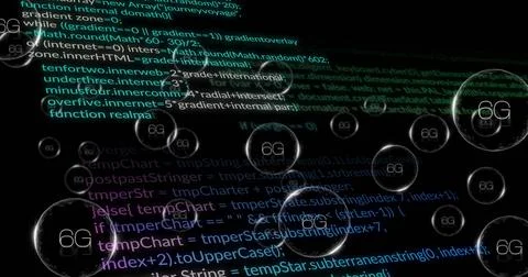 Image of 6g text and digital data processing over black background Illustrazione stock