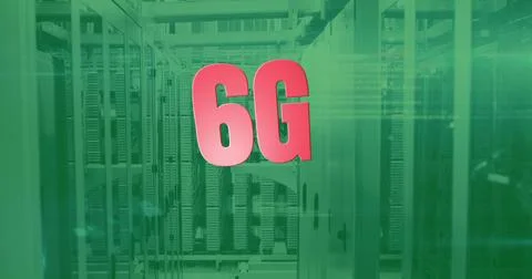 Image of 6g text and digital data processing over computer servers Stock Photos