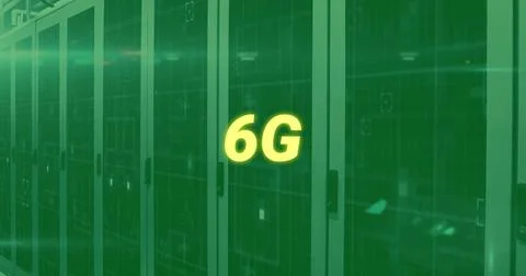Image of 6g text and digital data processing and 6g text over computer servers Foto stock