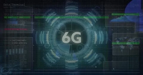 Image of 6g text and glowing interface with charts and information moving on Illustrazione stock
