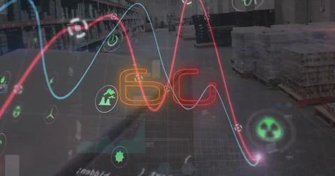 Image of 6g text and graph and processing data over goods warehouse Stock Photos