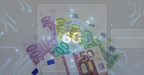 Image of 6g text and interface with motherboard moving over euro currency Ilustração Stock