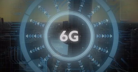Image of 6g text with arrows in loading circles over aerial view of modern city Stock Photos