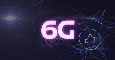 Image of 6g text banner, light spot and network of digital icons against space Stock Photos