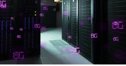 Image of 6g text banners floating against computer server room Stock Photos