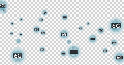 Image of 6g text changing on multiple green bubbles on black background Illustrazione stock