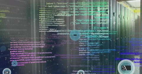 Image of 6g text in circles, computer language over data server room Stockfoto's