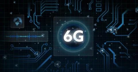 Image of 6g text, circuit board and data processing over black background 스톡 일러스트