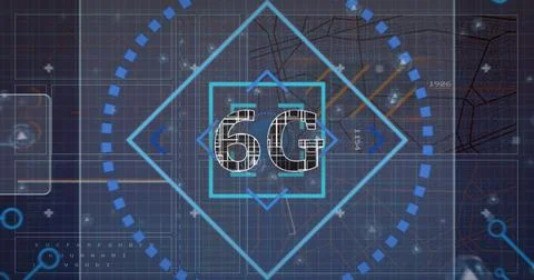 Image of 6g text, computer circuit board and data processing over blue Illustrazione stock