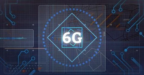 Image of 6g text, computer circuit board and data processing over blue Stockillustratie