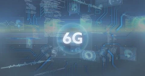 Image of 6g text with computer motherboard and digital information moving on 库存插图