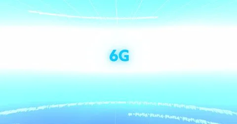 Image of 6g text, data processing and scope scanning on screens over blue and Illustrazione stock