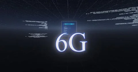 Image of 6g text, data processing and globe on screens over dark blue background Illustrazione stock