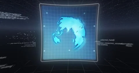 Image of 6g text, data processing and globe on screens over dark blue background Illustrazione stock