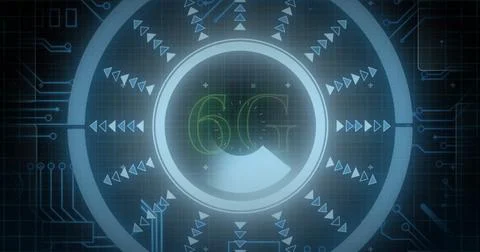 Image of 6g text, data processing and scope over dark background Stockillustratie