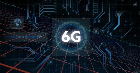 Image of 6g text, data processing and scope with circuit board over dark Stock Illustration