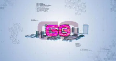 Image of 6g text, data processing and computer processor over light blue Illustrazione stock