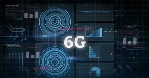 Image of 6g text, data processing over screens 스톡 사진